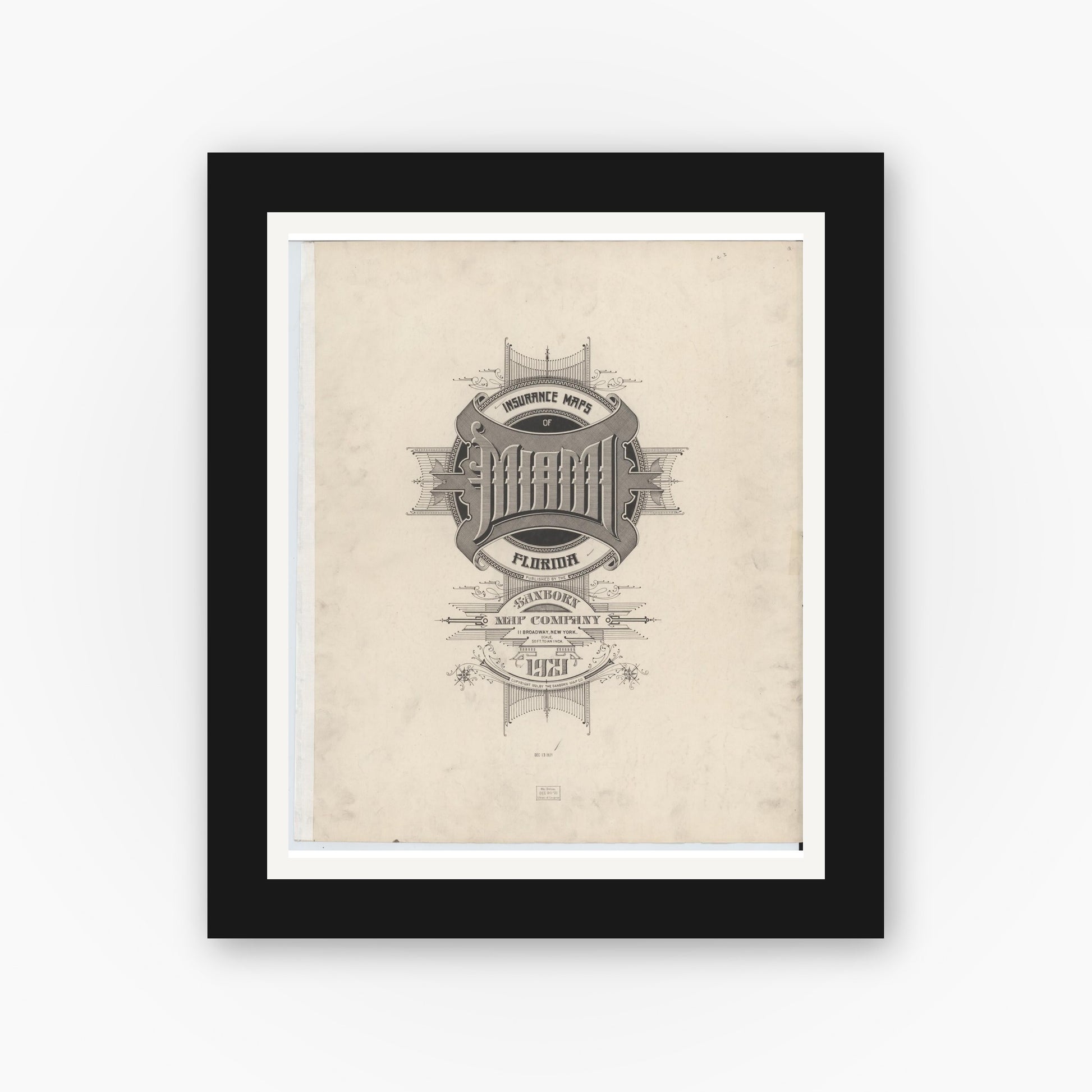 Old map wall art mockup — black gallery frame with white mat — Sanborn Fire Insurance Map from Miami, Dade County, Florida (1924), Sheet #0001