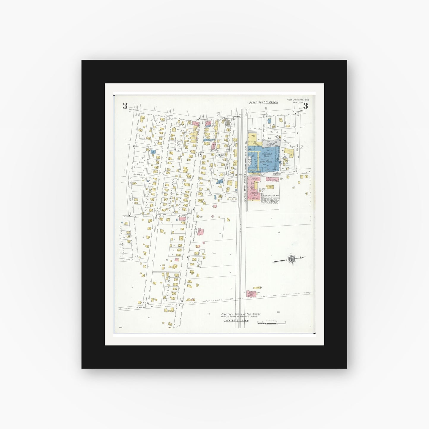 Old map wall art mockup — black gallery frame with white mat — Sanborn Fire Insurance Map from West Lafayette, Coshocton County, Ohio (1939), Sheet #0003