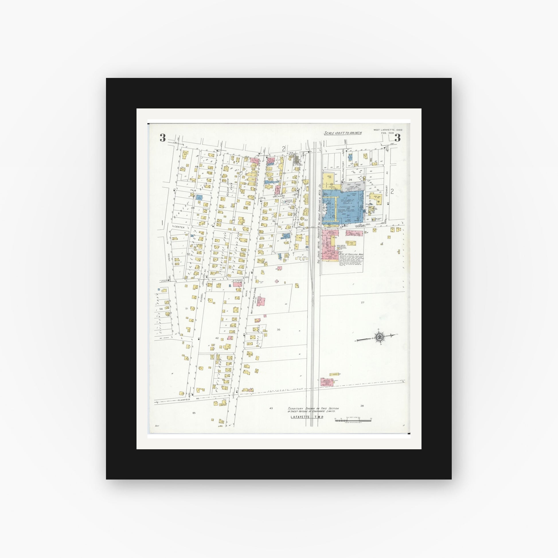 Old map wall art mockup — black gallery frame with white mat — Sanborn Fire Insurance Map from West Lafayette, Coshocton County, Ohio (1939), Sheet #0003