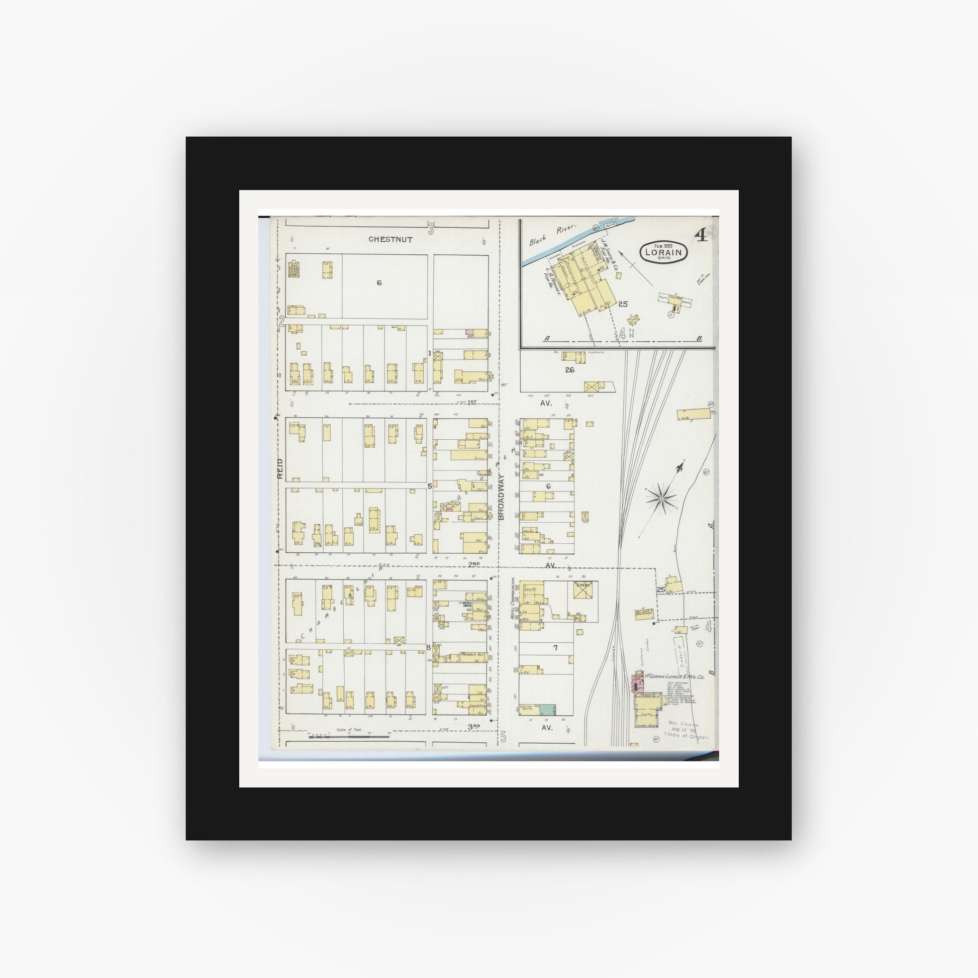 Old map wall art mockup — black gallery frame with white mat — Sanborn Fire Insurance Map from Lorain, Lorain County, Ohio (1893), Sheet #0004