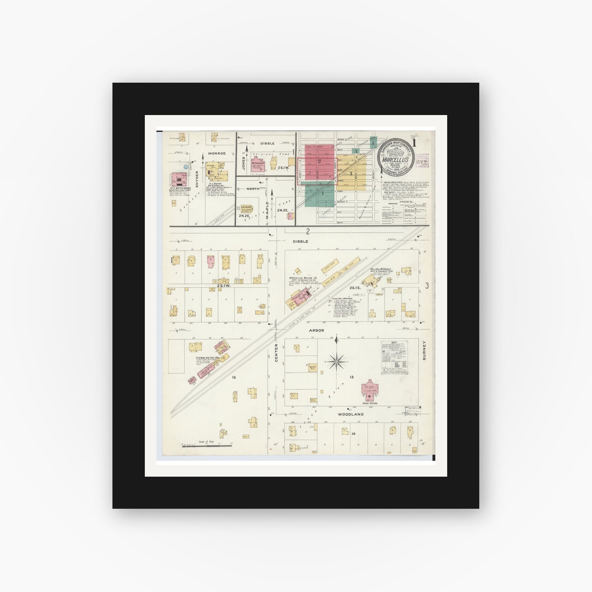 Old map wall art mockup — black gallery frame with white mat — Sanborn Fire Insurance Map from Marcellus, Cass County, Michigan (1908) - Complete Map Set