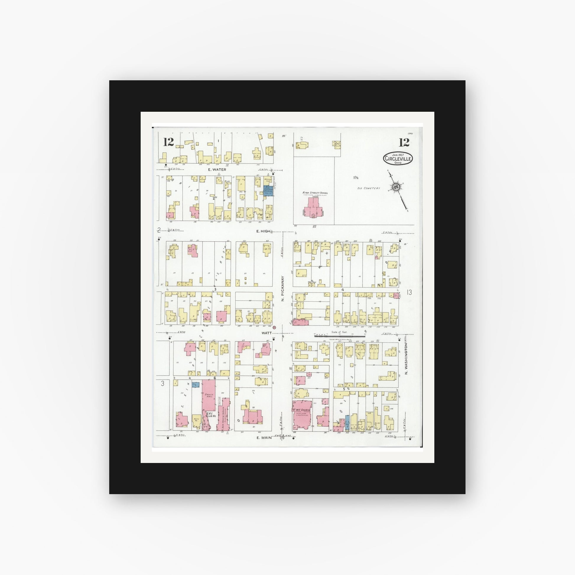 Old map wall art mockup — black gallery frame with white mat — Sanborn Fire Insurance Map from Circleville, Pickaway County, Ohio (1927), Sheet #0012