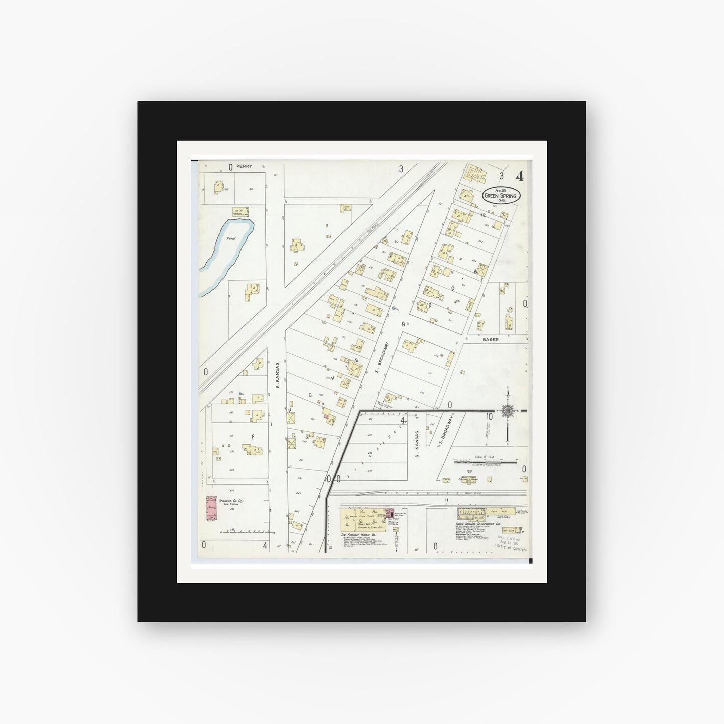 Old map wall art mockup — black gallery frame with white mat — Sanborn Fire Insurance Map from Green Springs, Sandusky And Seneca Counties, Ohio (1921), Sheet #0004