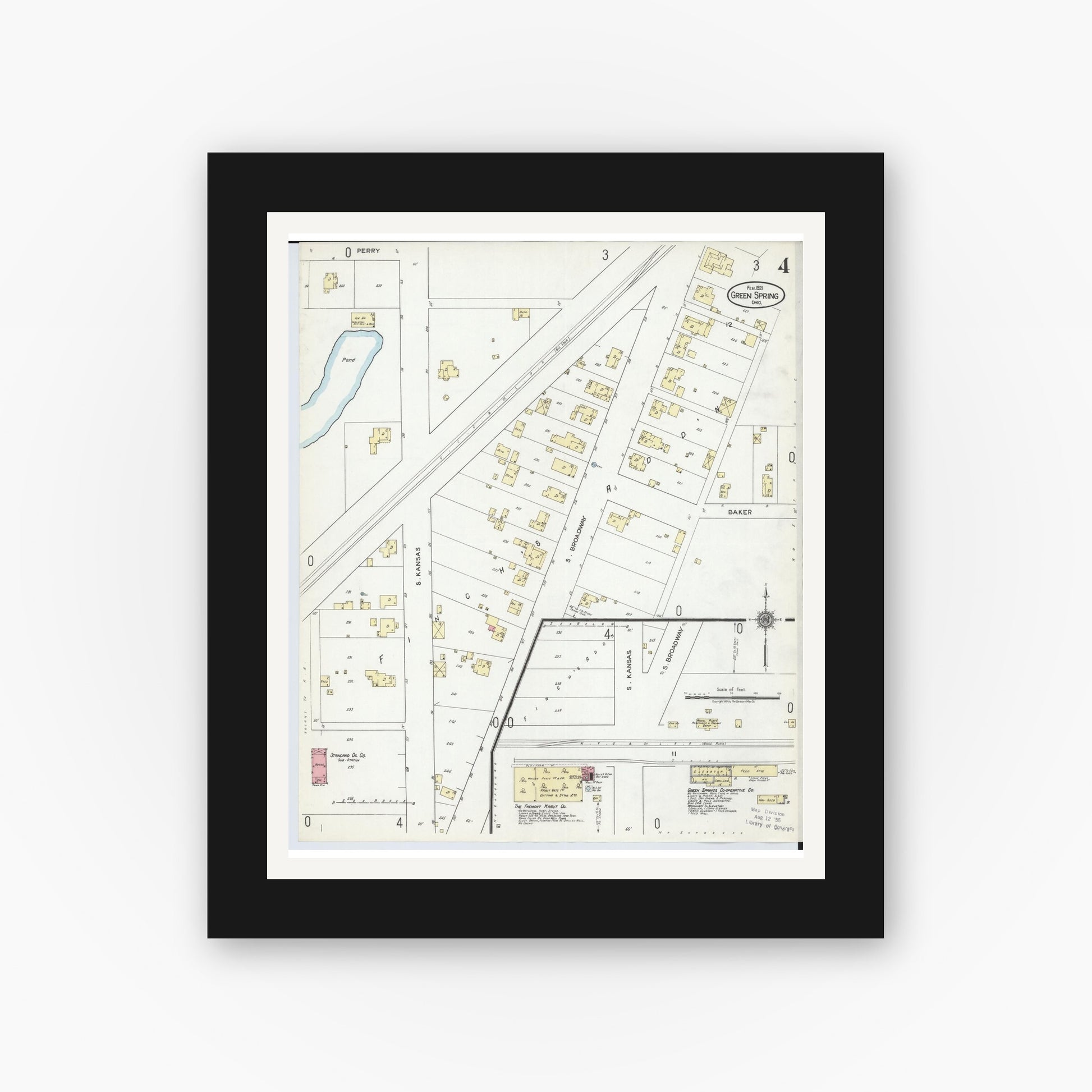Old map wall art mockup — black gallery frame with white mat — Sanborn Fire Insurance Map from Green Springs, Sandusky And Seneca Counties, Ohio (1921), Sheet #0004