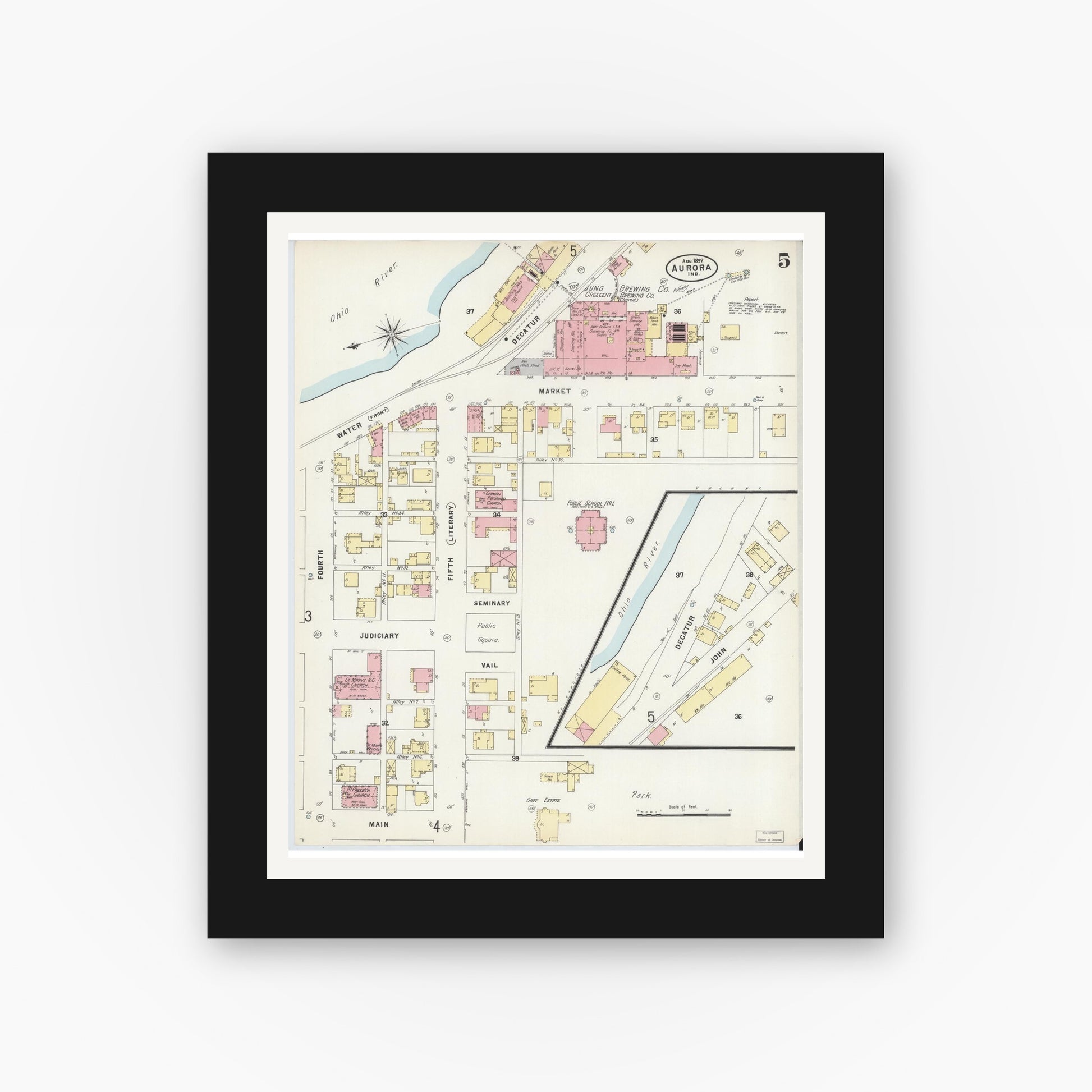 Old map wall art mockup — black gallery frame with white mat — Sanborn Fire Insurance Map from Aurora, Dearborn County, Indiana (1897), Sheet #0005