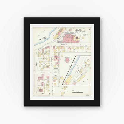Old map wall art mockup — black gallery frame with white mat — Sanborn Fire Insurance Map from Aurora, Dearborn County, Indiana (1897), Sheet #0005