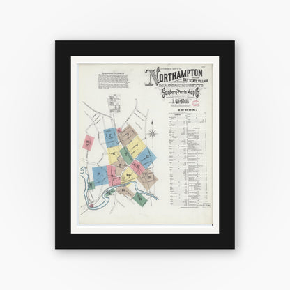 Old map wall art mockup — black gallery frame with white mat — Sanborn Fire Insurance Map from Northampton, Hampshire County, Massachusetts (1895), Sheet #0001