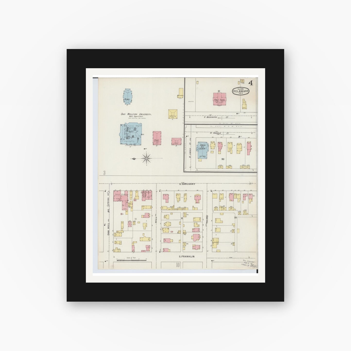 Old map wall art mockup — black gallery frame with white mat — Sanborn Fire Insurance Map from Delaware, Delaware County, Ohio (1895), Sheet #0004