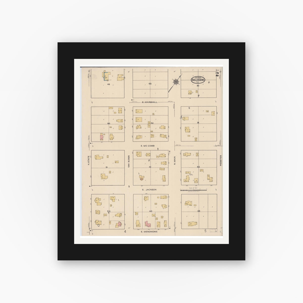 Old map wall art mockup — black gallery frame with white mat — Sanborn Fire Insurance Map from Belvidere, Boone County, Illinois (1922), Sheet #0002