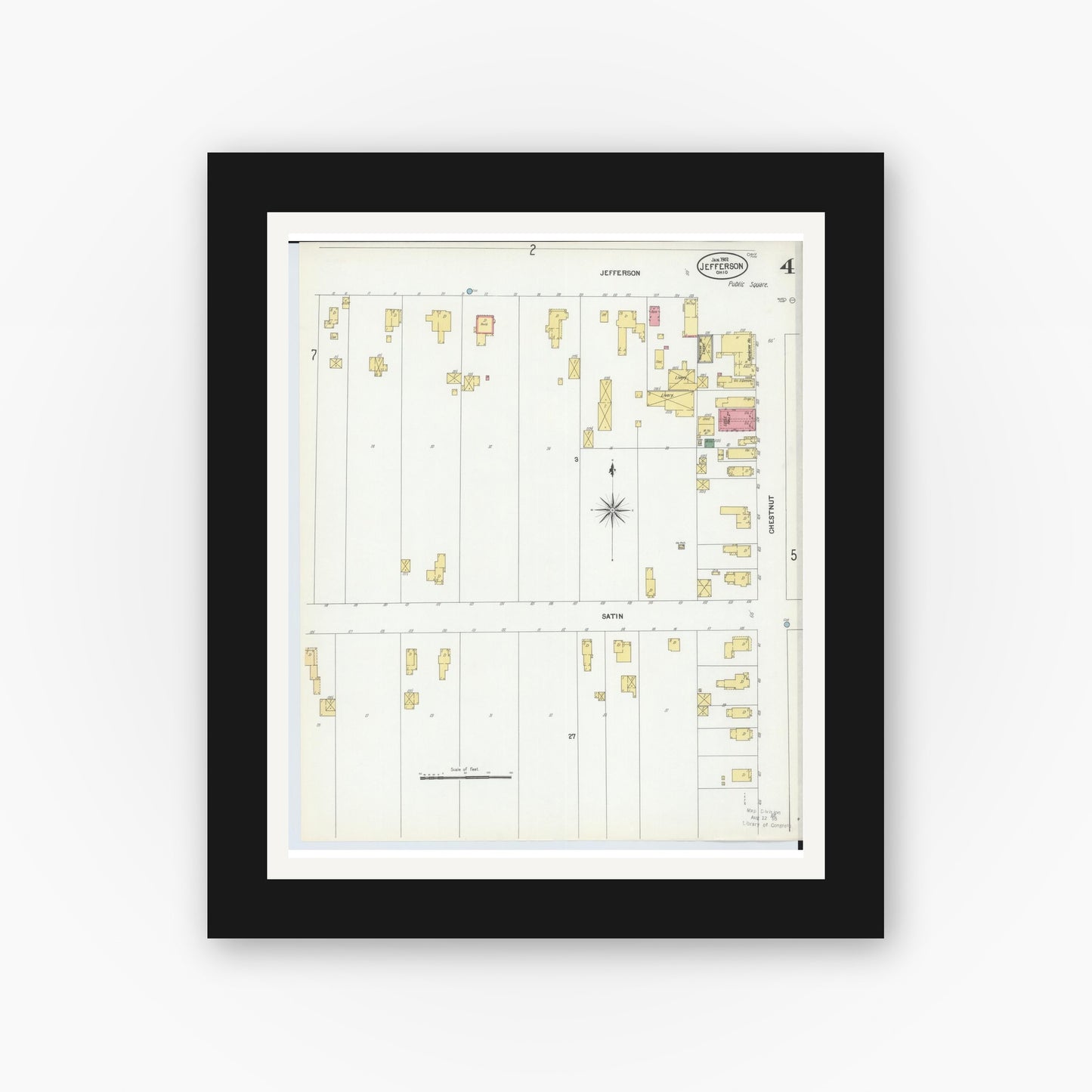 Old map wall art mockup — black gallery frame with white mat — Sanborn Fire Insurance Map from Jefferson, Ashtabula County, Ohio (1902), Sheet #0004