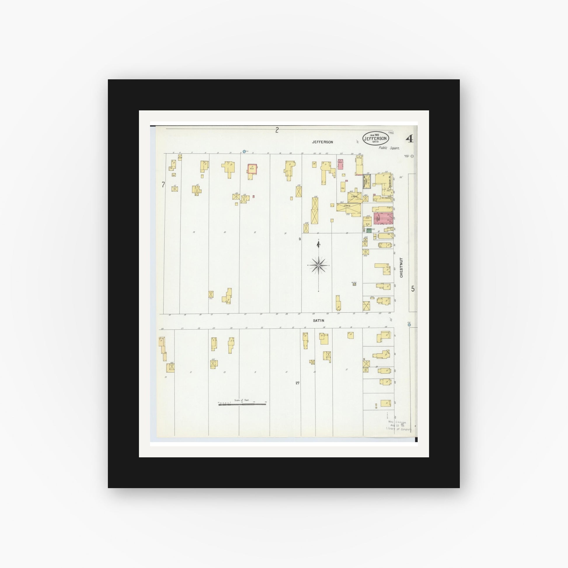 Old map wall art mockup — black gallery frame with white mat — Sanborn Fire Insurance Map from Jefferson, Ashtabula County, Ohio (1902), Sheet #0004