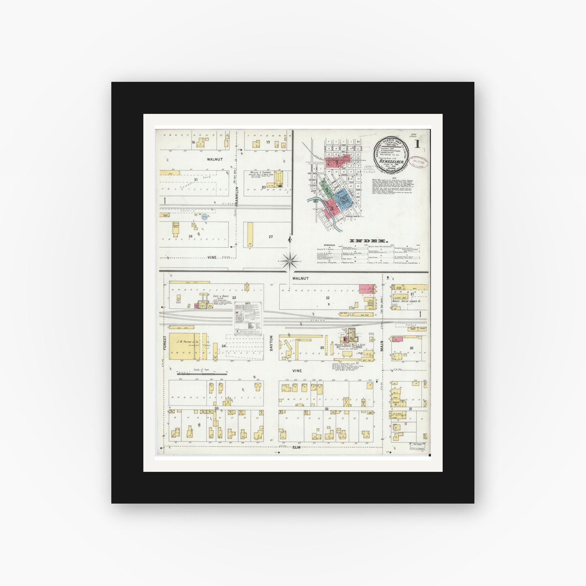 Old map wall art mockup — black gallery frame with white mat — Sanborn Fire Insurance Map from Rensselaer, Jasper County, Indiana (1899) - Complete Map Set