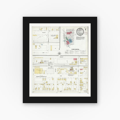 Old map wall art mockup — black gallery frame with white mat — Sanborn Fire Insurance Map from Rensselaer, Jasper County, Indiana (1899) - Complete Map Set