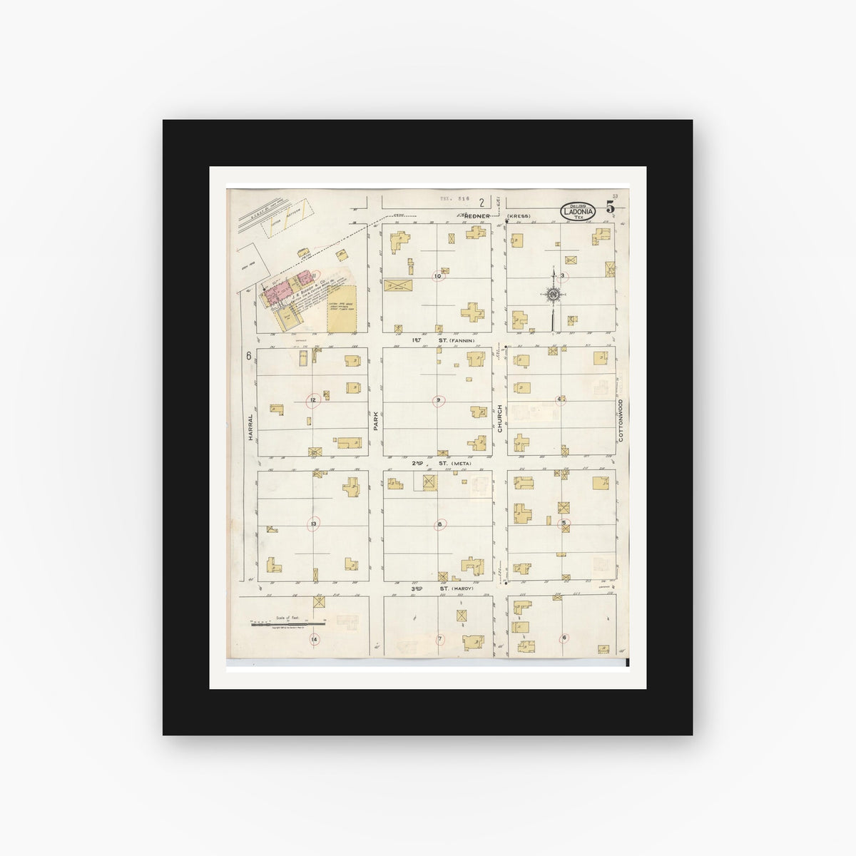 Old map wall art mockup — black gallery frame with white mat — Sanborn Fire Insurance Map from Ladonia, Fannin County, Texas (1934), Sheet #0005