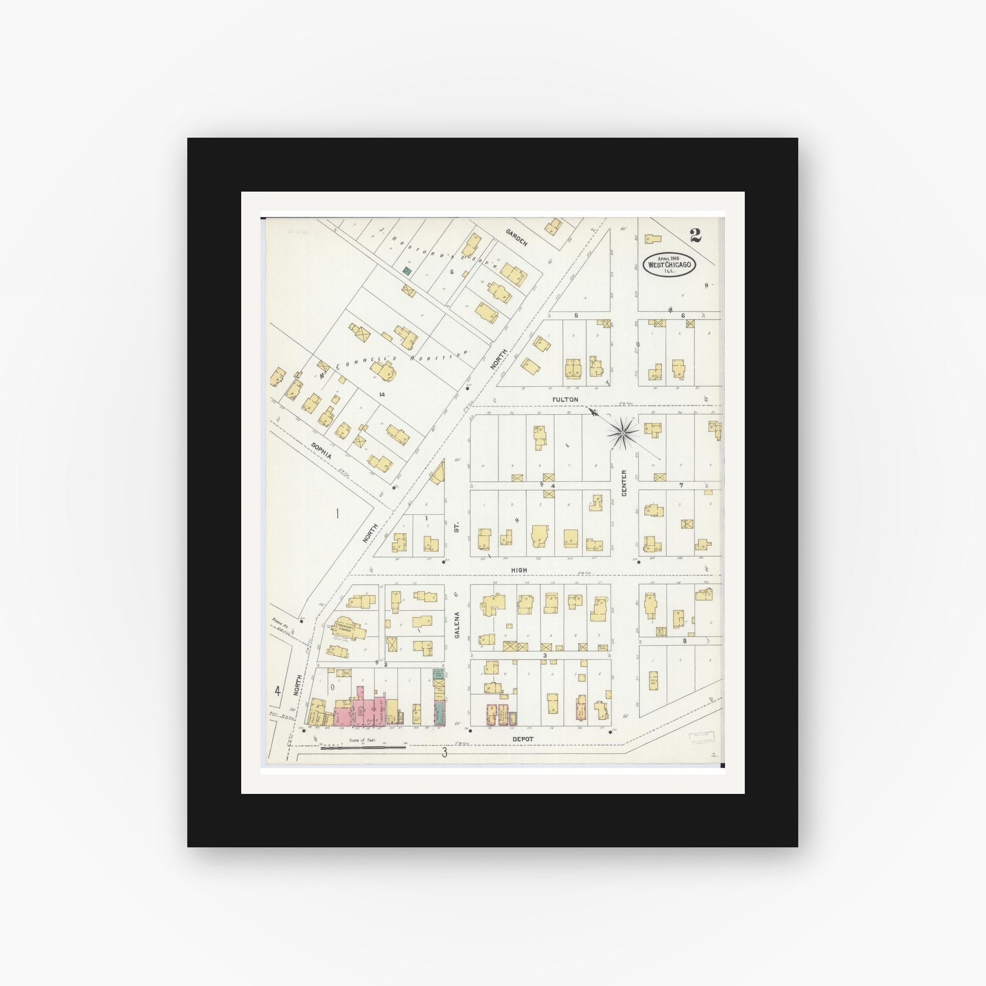Old map wall art mockup — black gallery frame with white mat — Sanborn Fire Insurance Map from West Chicago, Du Page County, Illinois (1905), Sheet #0002