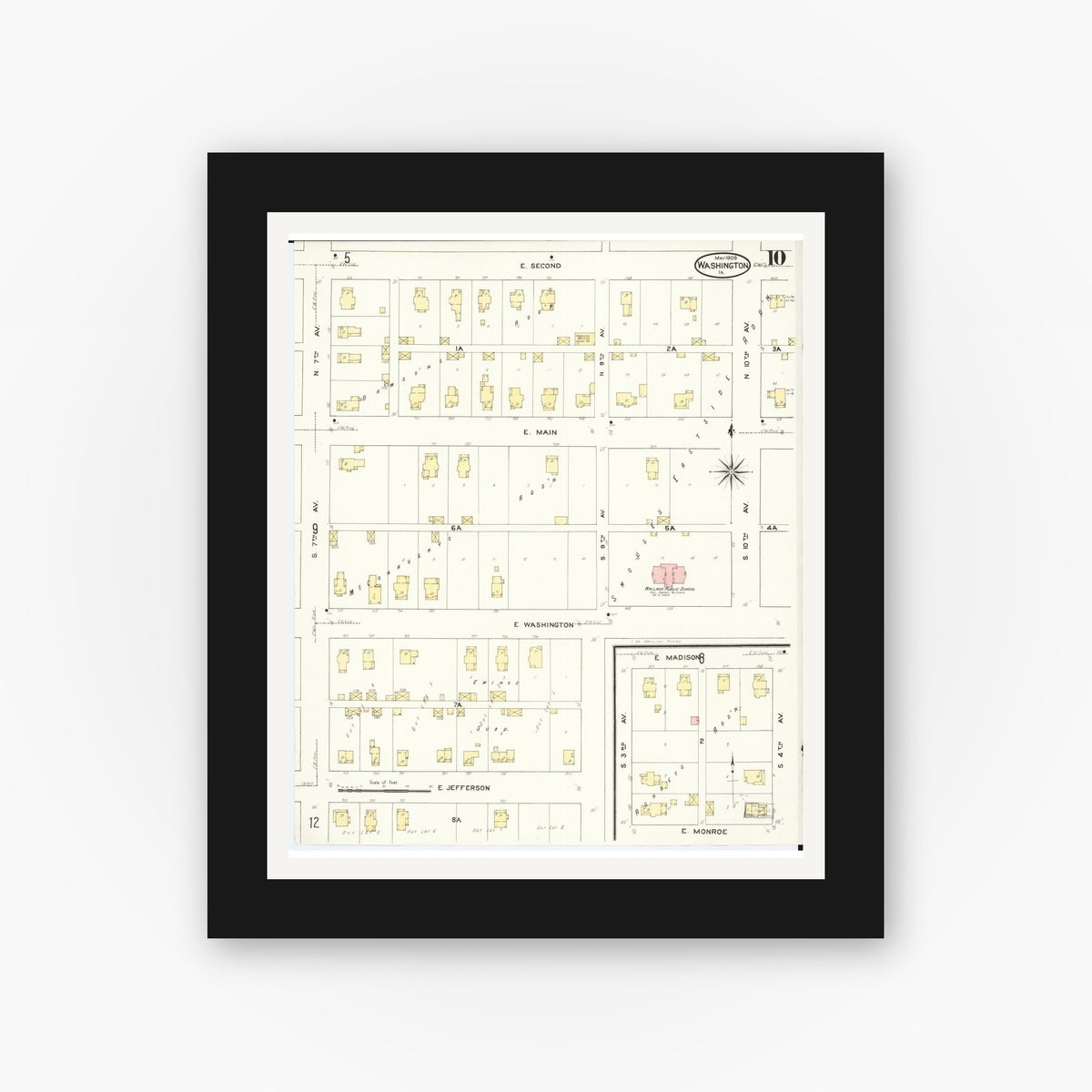 Old map wall art mockup — black gallery frame with white mat — Sanborn Fire Insurance Map from Washington, Washington County, Iowa (1909), Sheet #0010