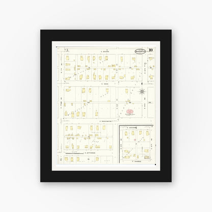 Old map wall art mockup — black gallery frame with white mat — Sanborn Fire Insurance Map from Washington, Washington County, Iowa (1909), Sheet #0010
