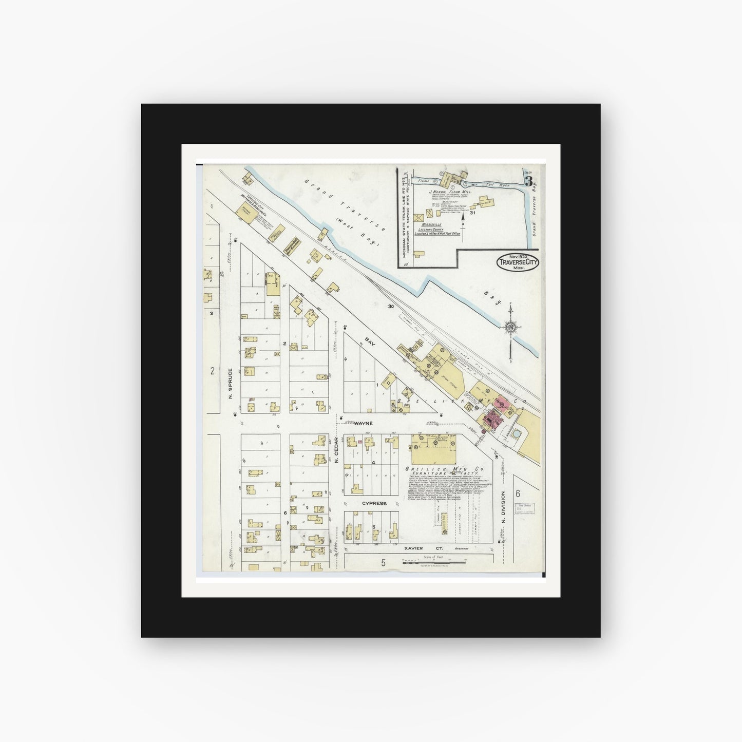 Old map wall art mockup — black gallery frame with white mat — Sanborn Fire Insurance Map from Traverse City, Grand Traverse County, Michigan (1920), Sheet #0003