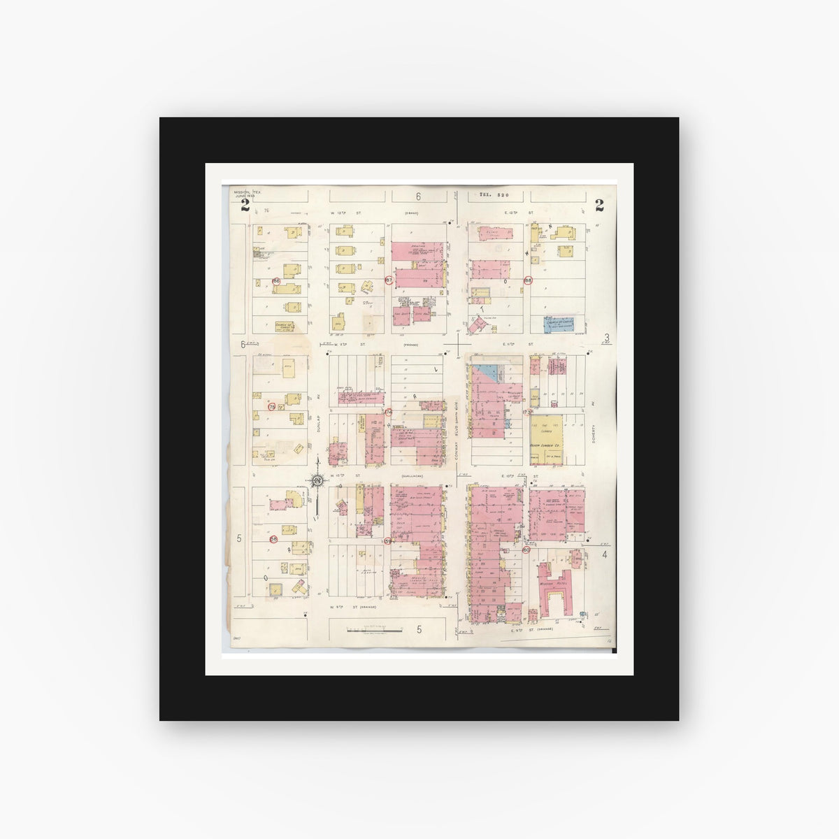 Old map wall art mockup — black gallery frame with white mat — Sanborn Fire Insurance Map from Mission, Hidalgo County, Texas (1949), Sheet #0002