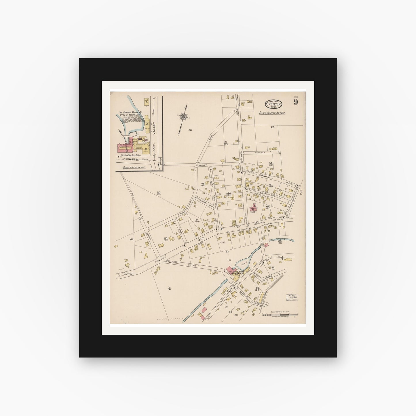 Old map wall art mockup — black gallery frame with white mat — Sanborn Fire Insurance Map from Spencer, Worcester County, Massachusetts (1922), Sheet #0009