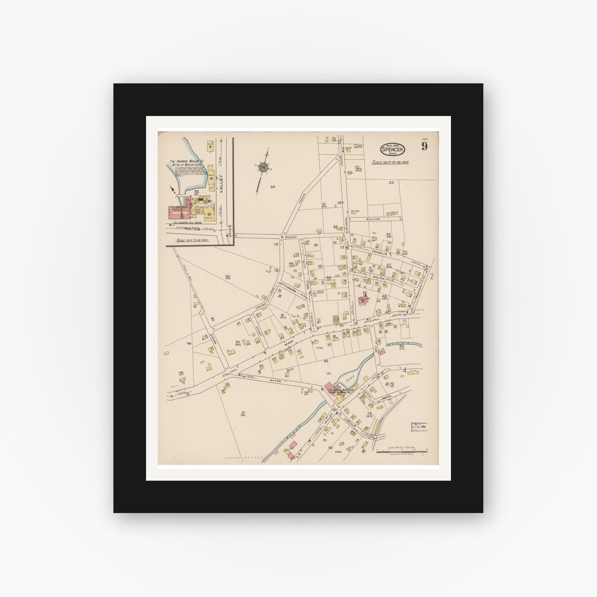 Old map wall art mockup — black gallery frame with white mat — Sanborn Fire Insurance Map from Spencer, Worcester County, Massachusetts (1922), Sheet #0009