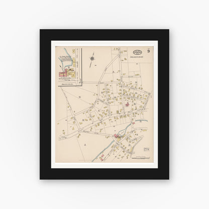 Old map wall art mockup — black gallery frame with white mat — Sanborn Fire Insurance Map from Spencer, Worcester County, Massachusetts (1922), Sheet #0009