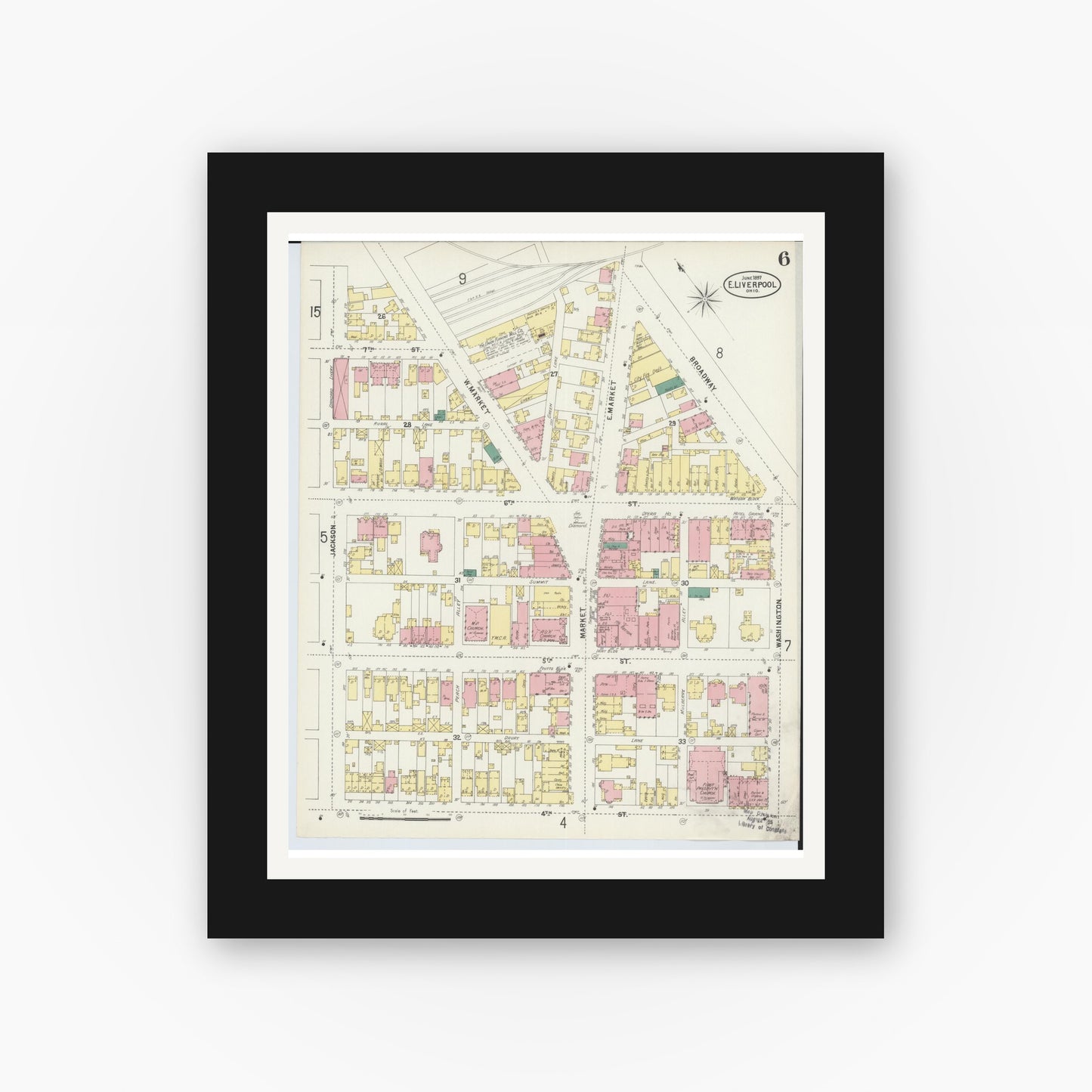 Old map wall art mockup — black gallery frame with white mat — Sanborn Fire Insurance Map from East Liverpool, Columbiana County, Ohio (1897), Sheet #0006