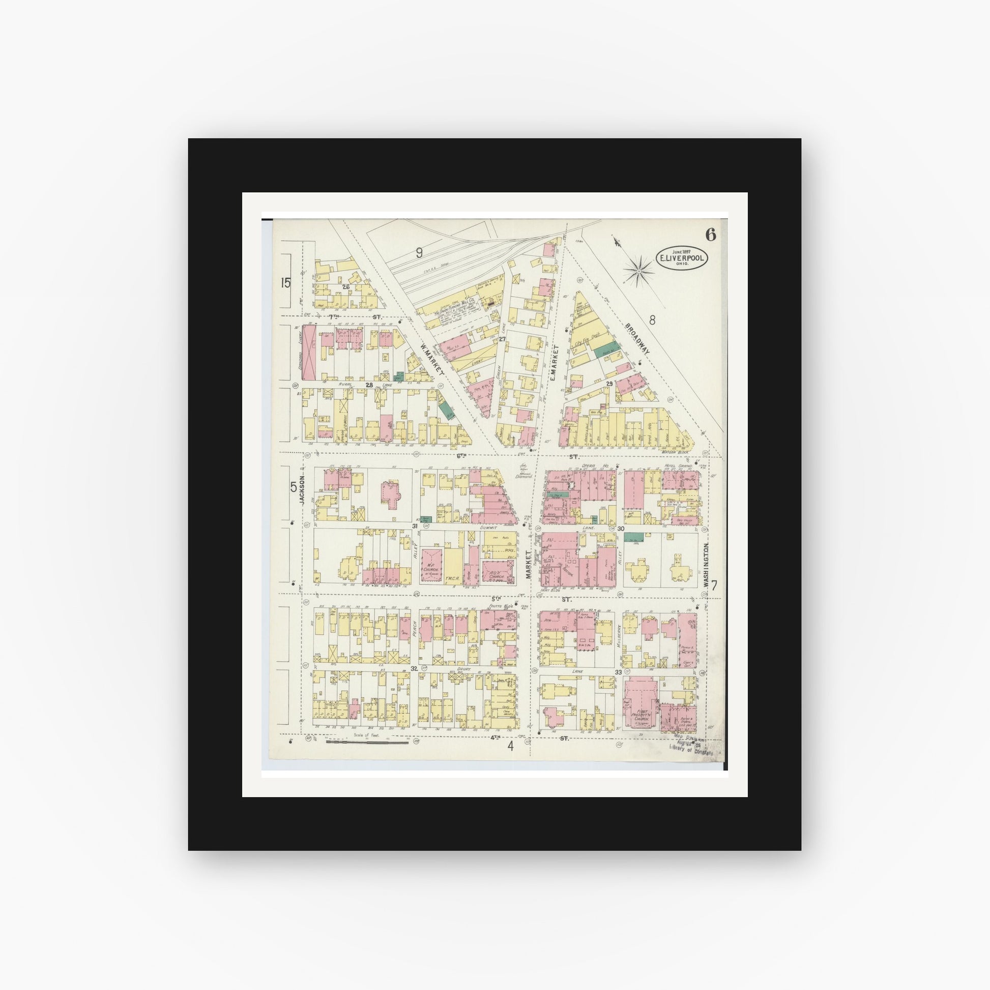 Old map wall art mockup — black gallery frame with white mat — Sanborn Fire Insurance Map from East Liverpool, Columbiana County, Ohio (1897), Sheet #0006