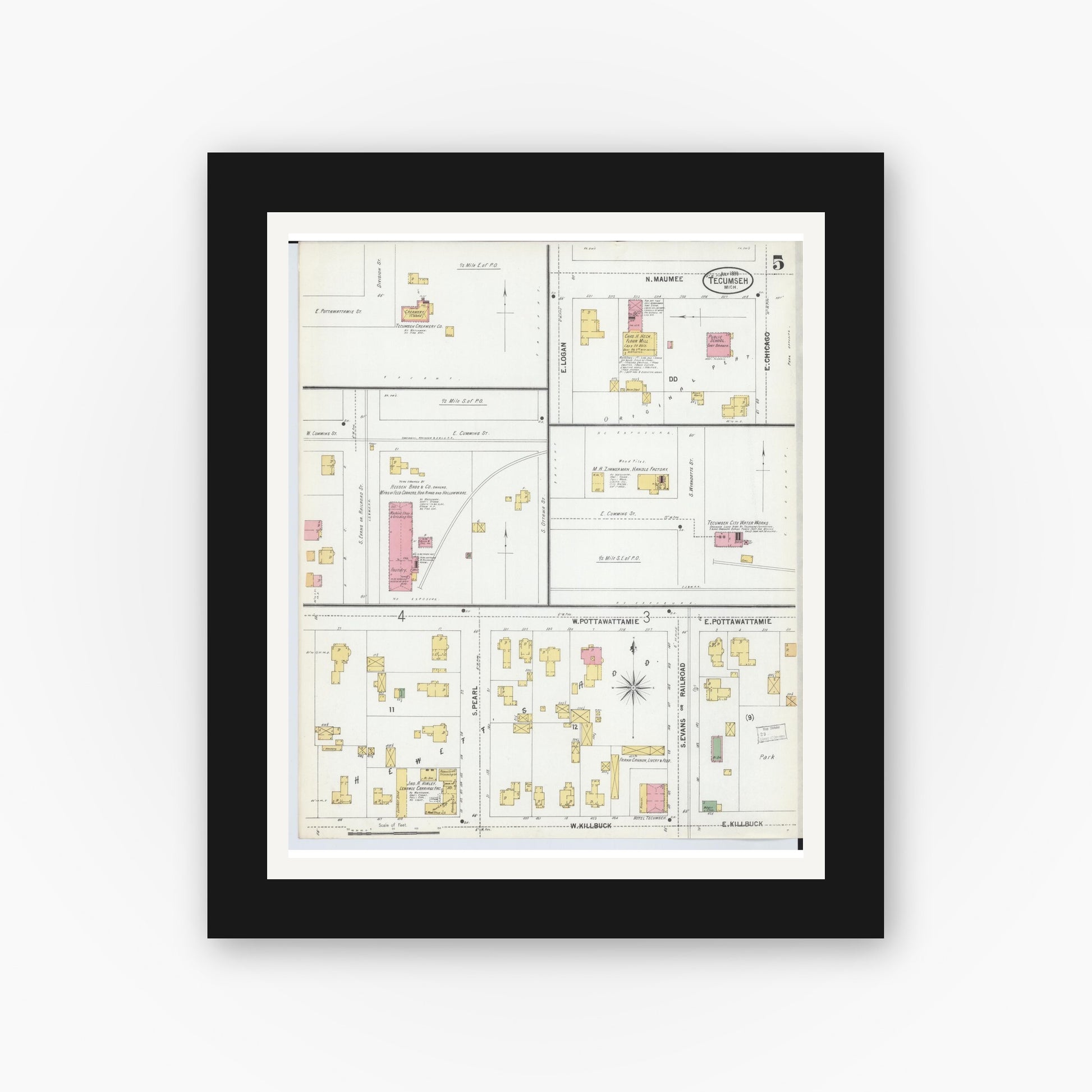 Old map wall art mockup — black gallery frame with white mat — Sanborn Fire Insurance Map from Tecumseh, Lenawee County, Michigan (1899), Sheet #0005