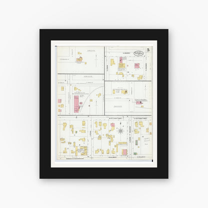 Old map wall art mockup — black gallery frame with white mat — Sanborn Fire Insurance Map from Tecumseh, Lenawee County, Michigan (1899), Sheet #0005