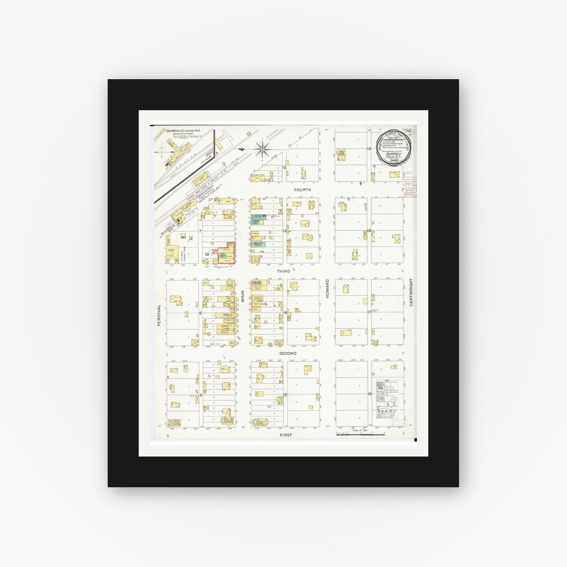 Old map wall art mockup — black gallery frame with white mat — Sanborn Fire Insurance Map from Rippey, Greene County, Iowa (1900), Sheet #0001