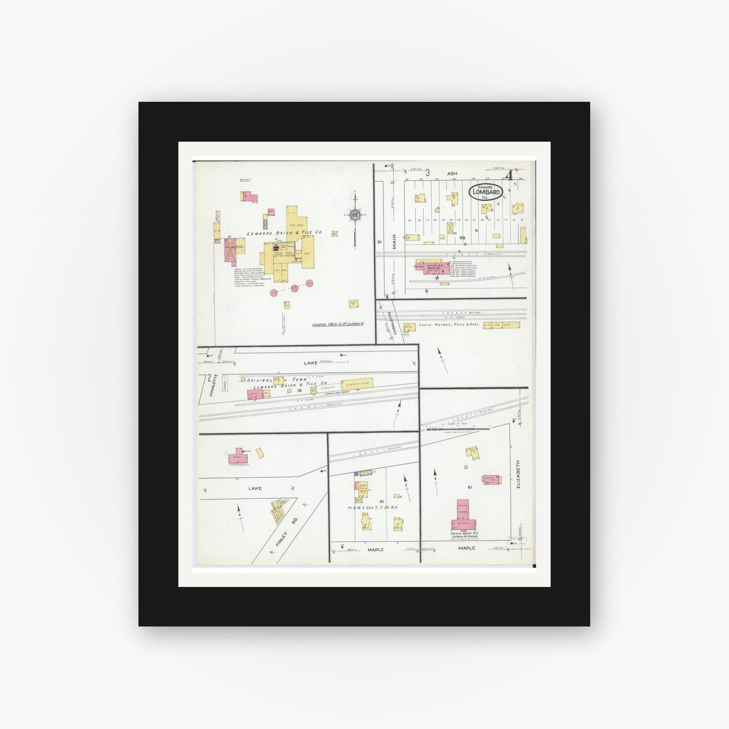 Old map wall art mockup — black gallery frame with white mat — Sanborn Fire Insurance Map from Lombard, Du Page County, Illinois (1919), Sheet #0004
