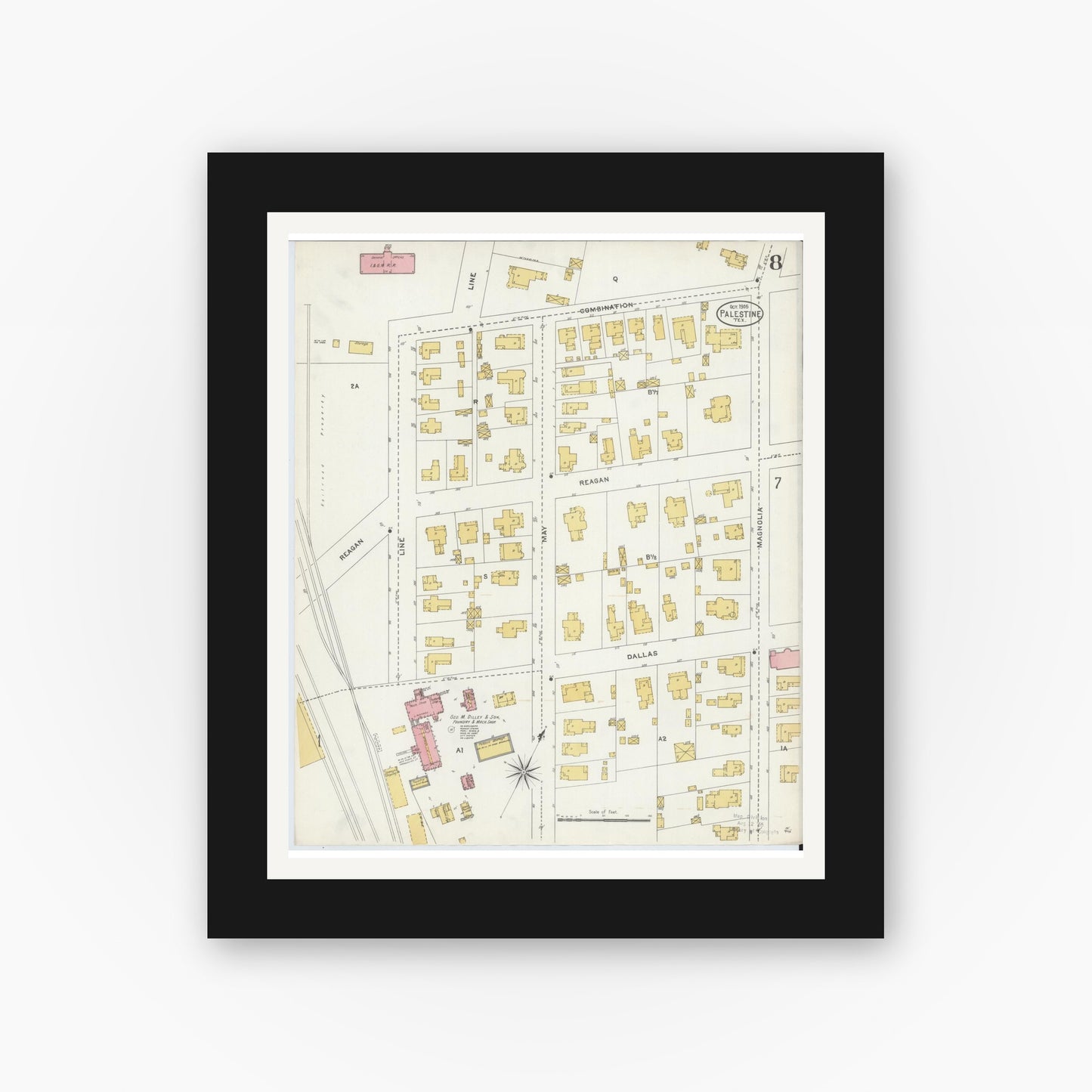Old map wall art mockup — black gallery frame with white mat — Sanborn Fire Insurance Map from Palestine, Anderson County, Texas (1905), Sheet #0008