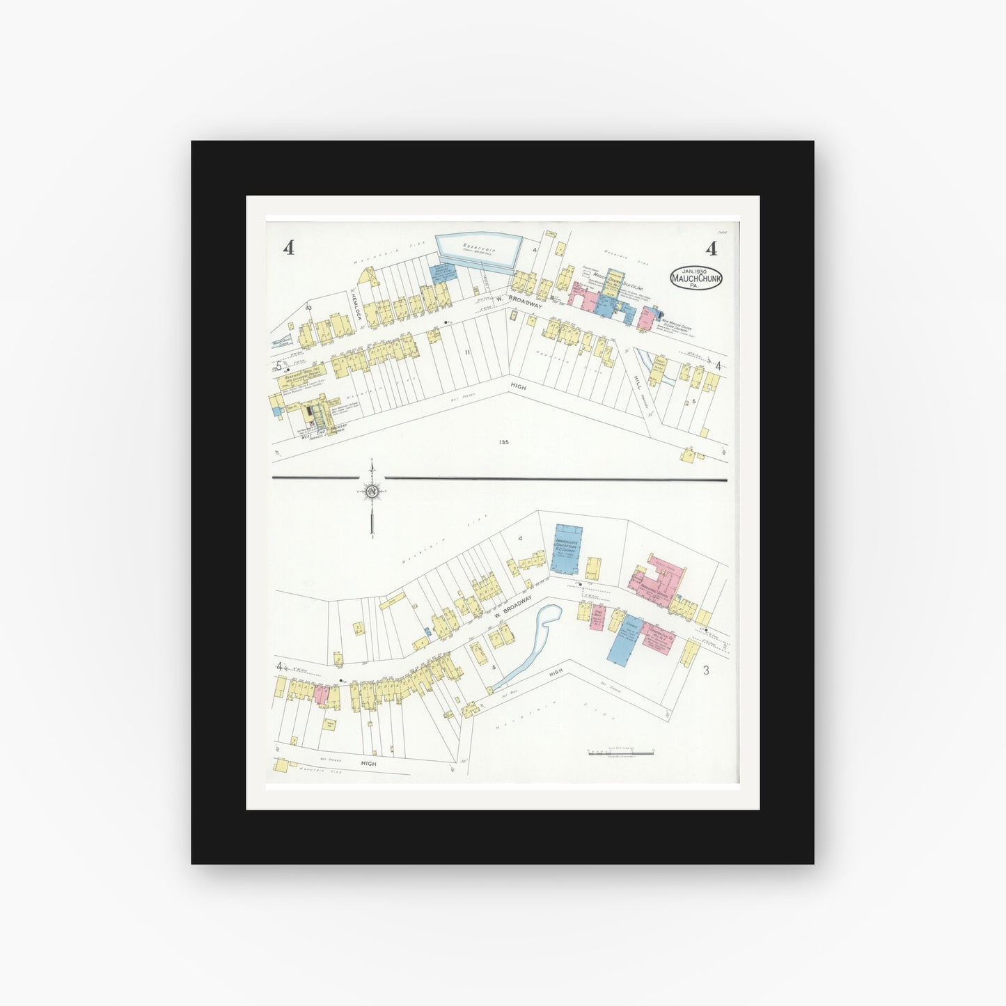 Old map wall art mockup — black gallery frame with white mat — Sanborn Fire Insurance Map from Mauch Chunk, Carbon County, Pennsylvania (1930), Sheet #0004