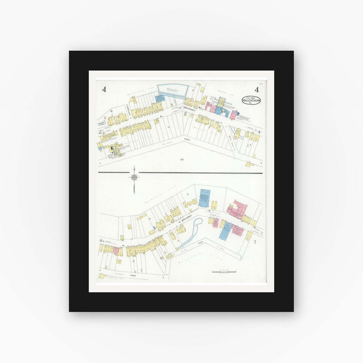 Old map wall art mockup — black gallery frame with white mat — Sanborn Fire Insurance Map from Mauch Chunk, Carbon County, Pennsylvania (1930), Sheet #0004
