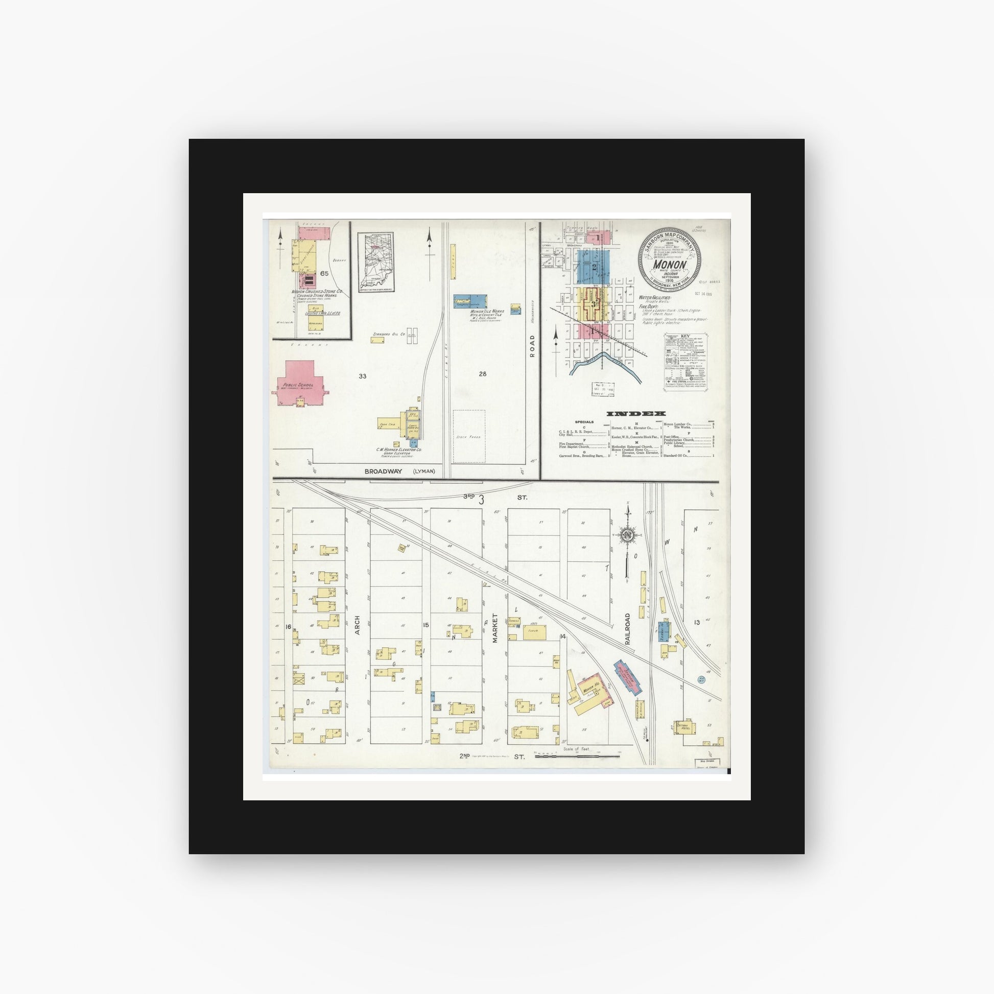 Old map wall art mockup — black gallery frame with white mat — Sanborn Fire Insurance Map from Monon, White County, Indiana (1916), Sheet #0001