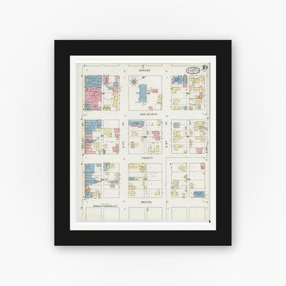 Old map wall art mockup — black gallery frame with white mat — Sanborn Fire Insurance Map from Austin, Travis County, Texas (1894), Sheet #0010