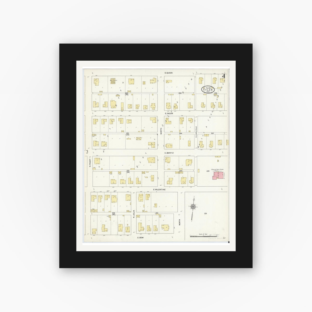 Old map wall art mockup — black gallery frame with white mat — Sanborn Fire Insurance Map from Tyler, Smith County, Texas (1912), Sheet #0004