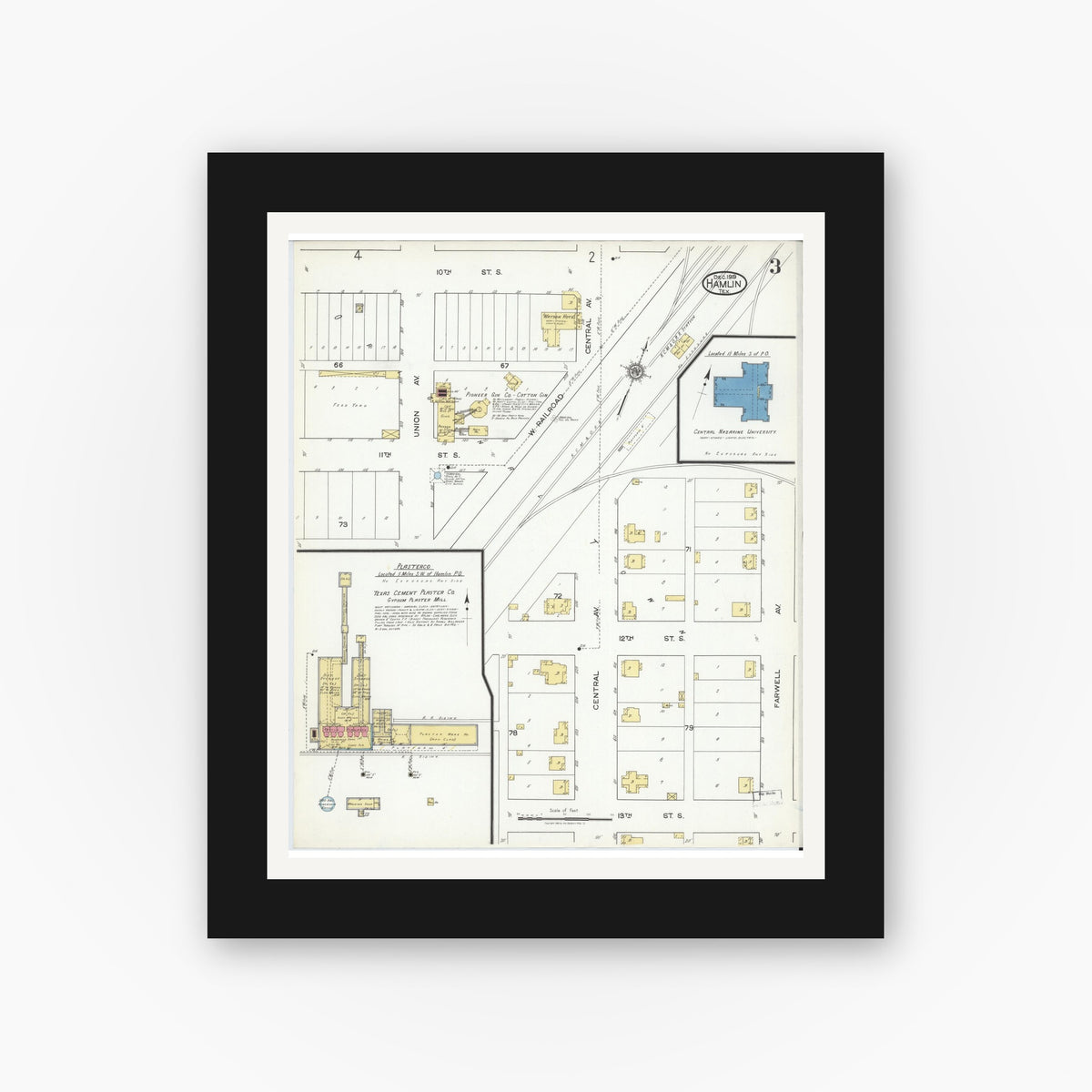 Old map wall art mockup — black gallery frame with white mat — Sanborn Fire Insurance Map from Hamlin, Jones County, Texas (1919), Sheet #0003