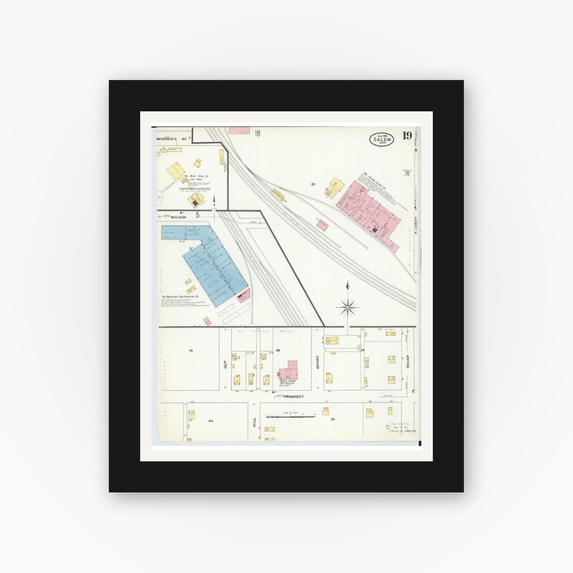 Old map wall art mockup — black gallery frame with white mat — Sanborn Fire Insurance Map from Salem, Columbiana County, Ohio (1909), Sheet #0019