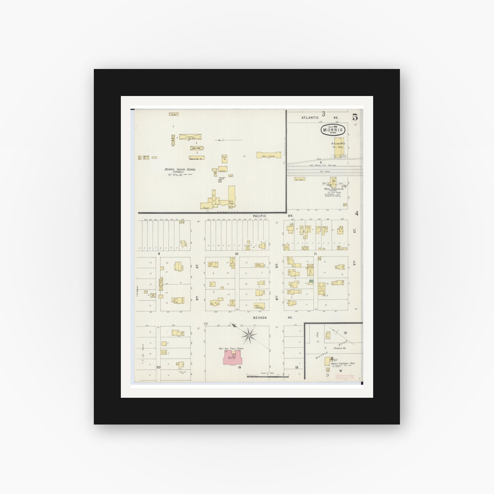 Old map wall art mockup — black gallery frame with white mat — Sanborn Fire Insurance Map from Morris, Stevens County, Minnesota (1896), Sheet #0005