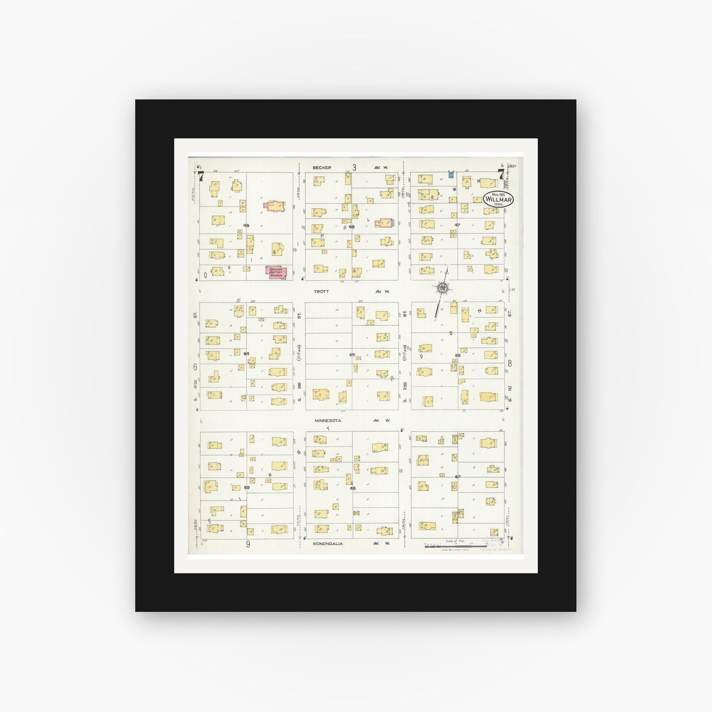 Old map wall art mockup — black gallery frame with white mat — Sanborn Fire Insurance Map from Willmar, Kandiyohi County, Minnesota (1925), Sheet #0007
