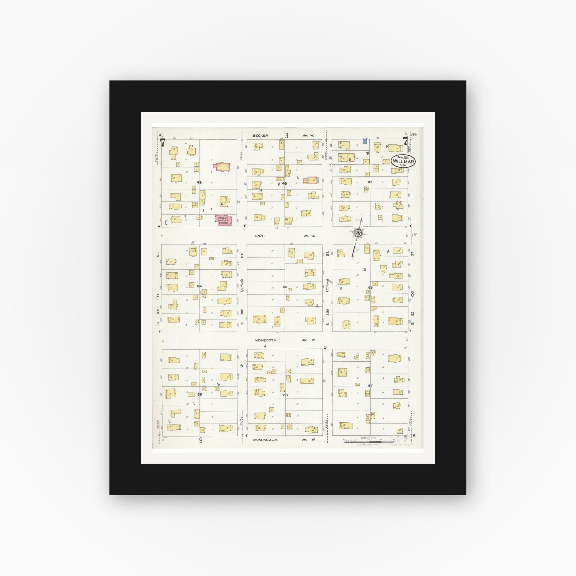 Old map wall art mockup — black gallery frame with white mat — Sanborn Fire Insurance Map from Willmar, Kandiyohi County, Minnesota (1925), Sheet #0007