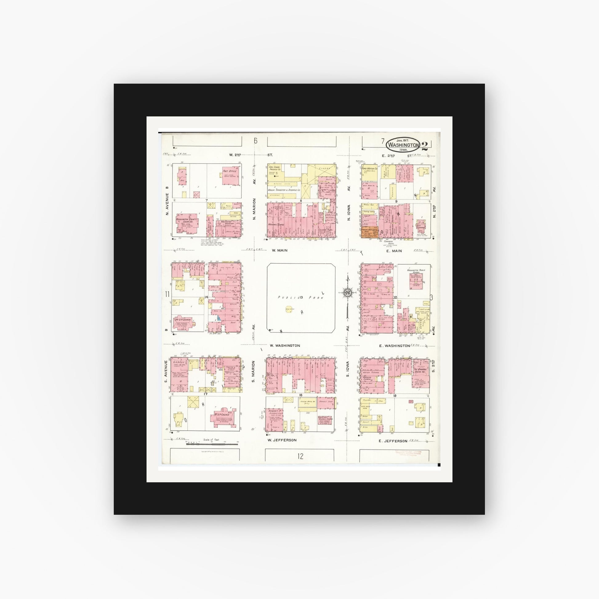 Old map wall art mockup — black gallery frame with white mat — Sanborn Fire Insurance Map from Washington, Washington County, Iowa (1917), Sheet #0002