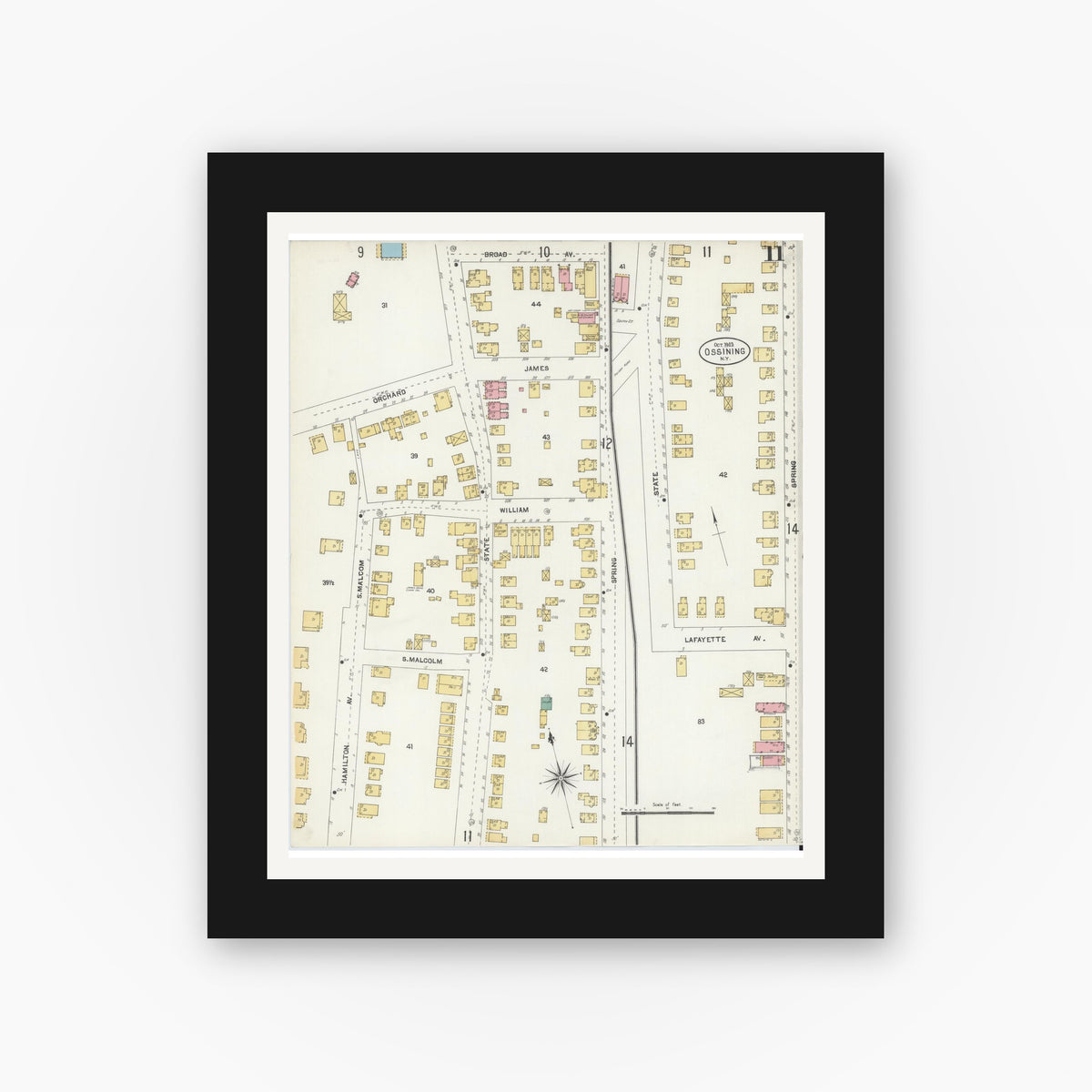 Old map wall art mockup — black gallery frame with white mat — Sanborn Fire Insurance Map from Ossining, Westchester County, New York (1903), Sheet #0011
