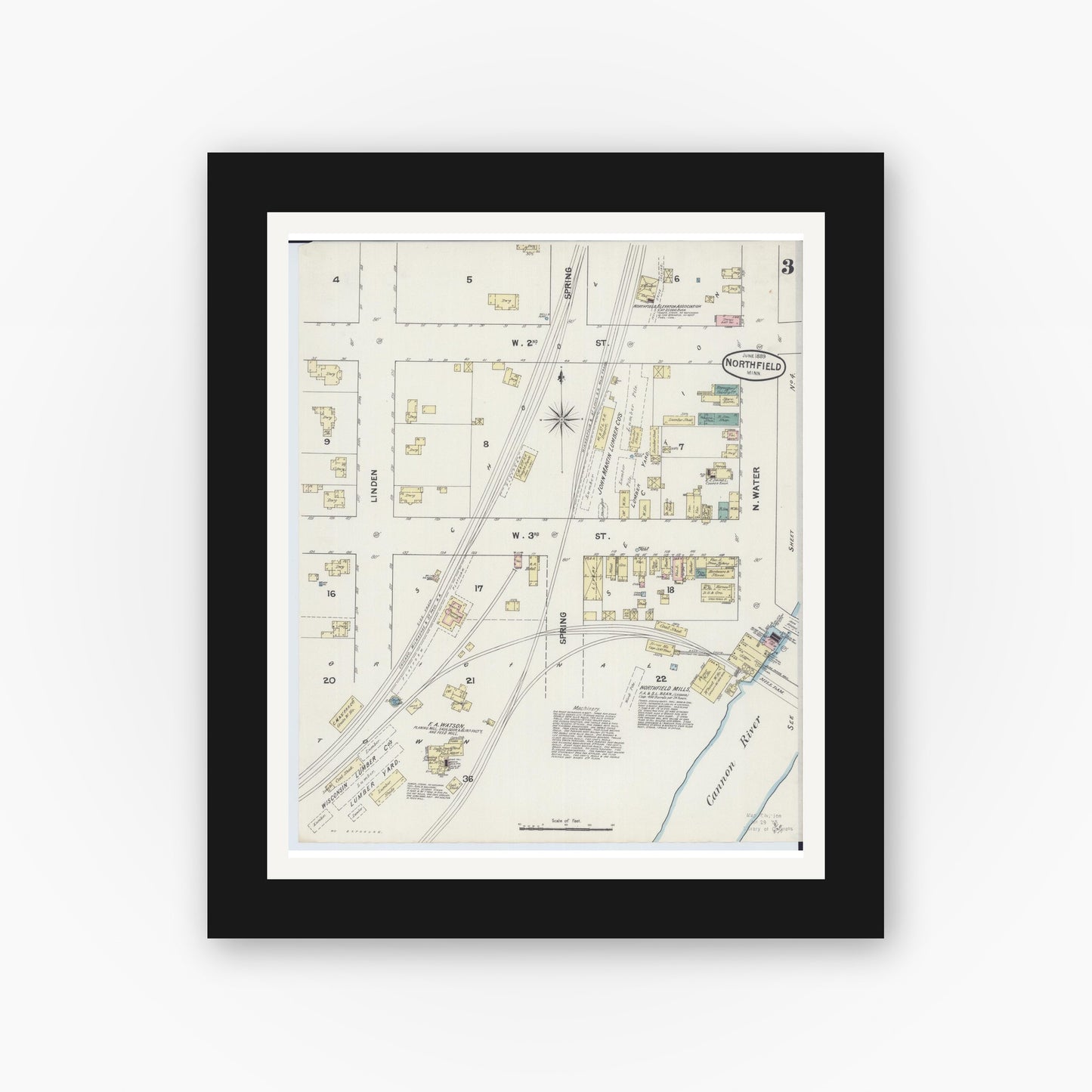 Old map wall art mockup — black gallery frame with white mat — Sanborn Fire Insurance Map from Northfield, Rice County, Minnesota (1889), Sheet #0003