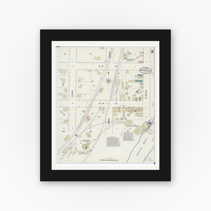 Old map wall art mockup — black gallery frame with white mat — Sanborn Fire Insurance Map from Northfield, Rice County, Minnesota (1889), Sheet #0003