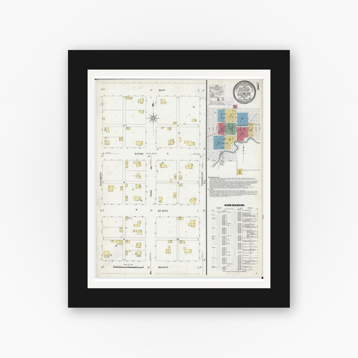 Old map wall art mockup — black gallery frame with white mat — Sanborn Fire Insurance Map from Glencoe, Mcleod County, Minnesota (1908) - Complete Map Set