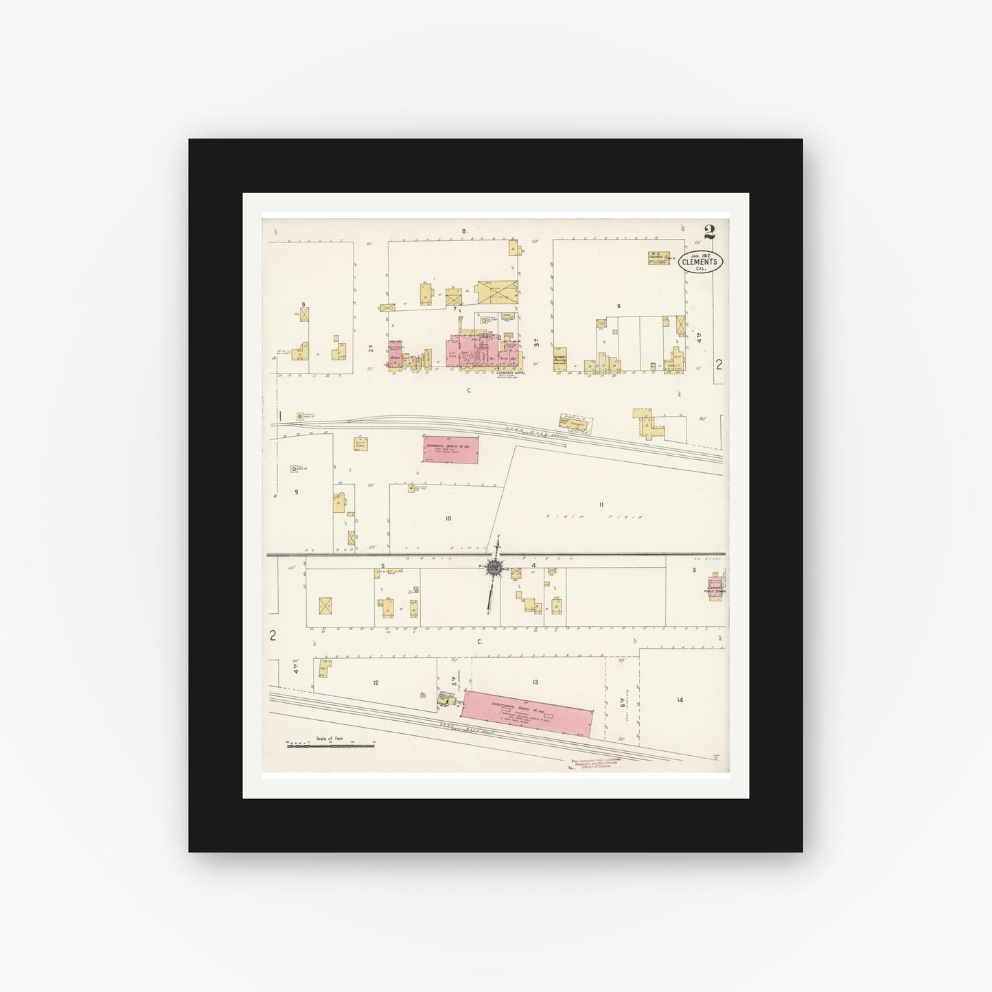 Old map wall art mockup — black gallery frame with white mat — Sanborn Fire Insurance Map from Clements, San Joaquin County, California (1912), Sheet #0002