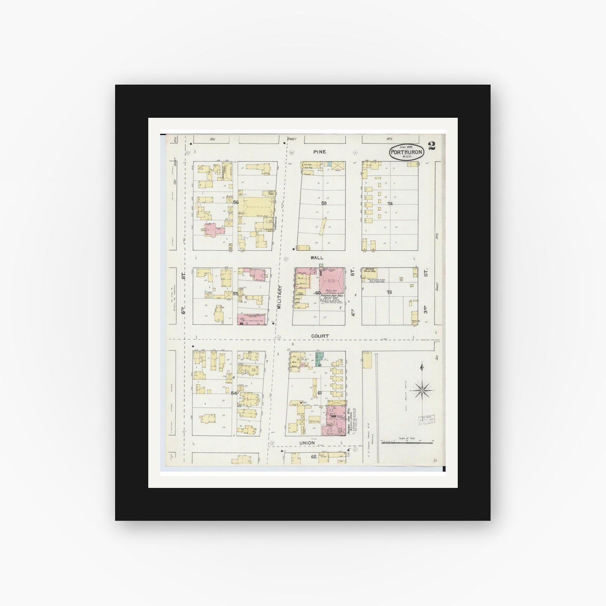Old map wall art mockup — black gallery frame with white mat — Sanborn Fire Insurance Map from Port Huron, Saint Clair County, Michigan (1892), Sheet #0002